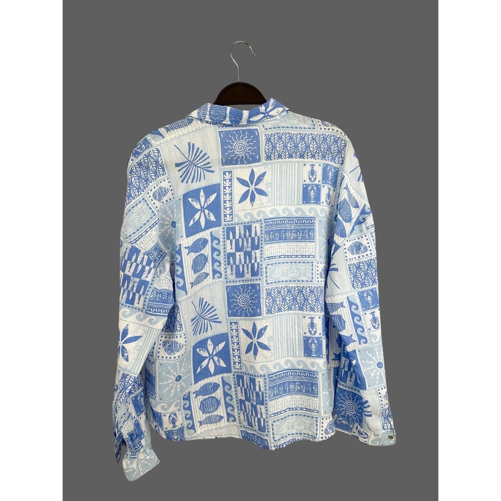 C&C California 100% Linen Blue Lobster Fish Block Print Button Down Shirt M - Picture 5 of 7